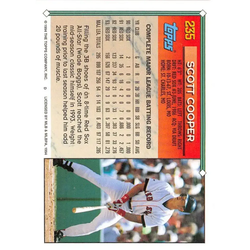 1994 Topps #235 Scott Cooper EX Excellent Boston Red Sox Baseball Card - Baseball Card Single