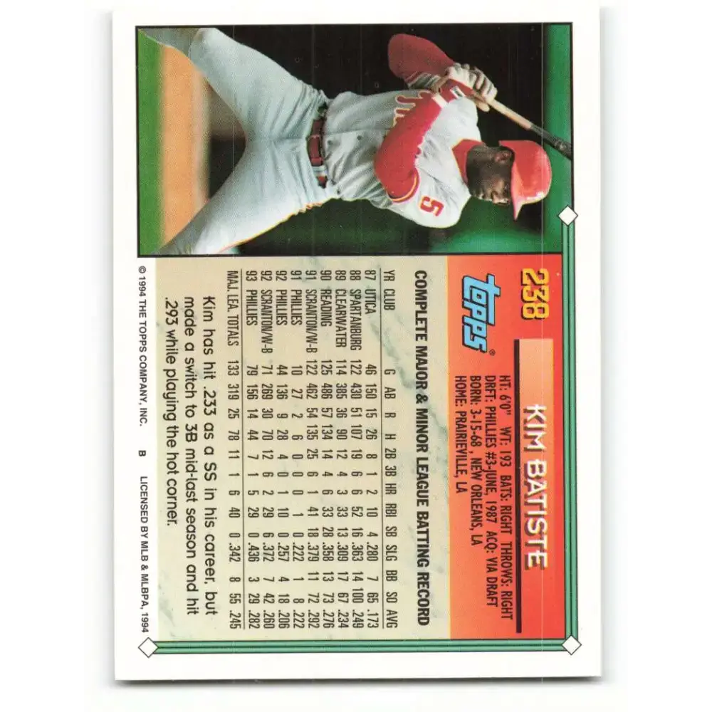 1994 Topps #238 Kim Batiste EX Excellent Philadelphia Phillies Baseball Card - Baseball Card Single