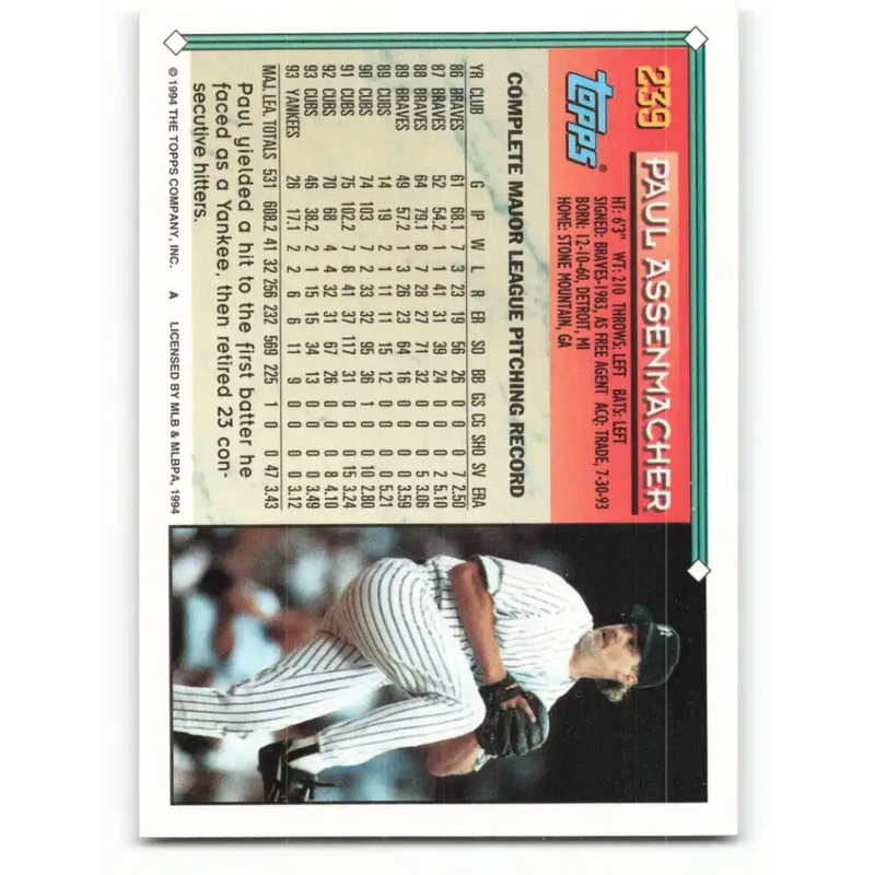 1994 Topps #239 Paul Assenmacher EX Excellent New York Yankees Baseball Card - Baseball Card Single