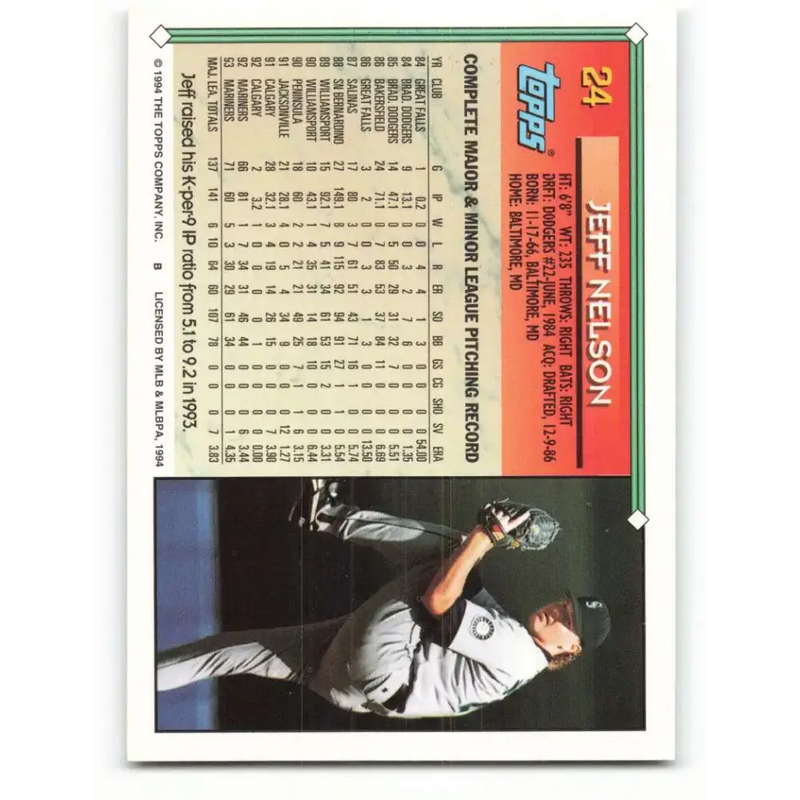 1994 Topps #24 Jeff Nelson EX Excellent Seattle Mariners Baseball Card - Baseball Card Single