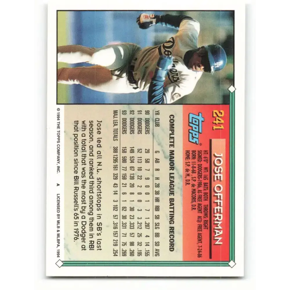 1994 Topps #241 Jose Offerman EX Excellent Los Angeles Dodgers Baseball Card - Baseball Card Single