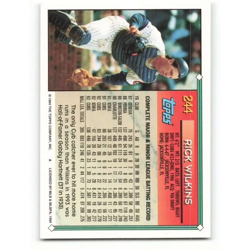 1994 Topps #244 Rick Wilkins EX Excellent Chicago Cubs Baseball Card - Baseball Card Single