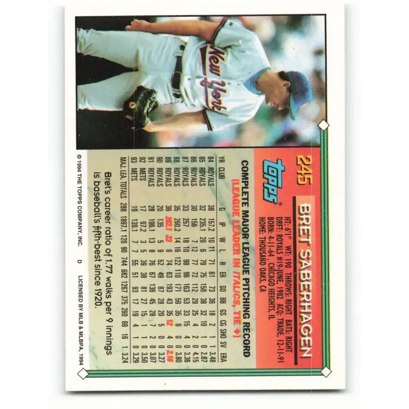 1994 Topps #245 Bret Saberhagen EX Excellent New York Mets Baseball Card - Baseball Card Single