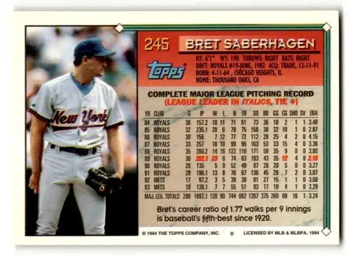 Original gloss baseball card of Bret Saberhagen in New York Mets uniform, Bret Saberhagen NRMT