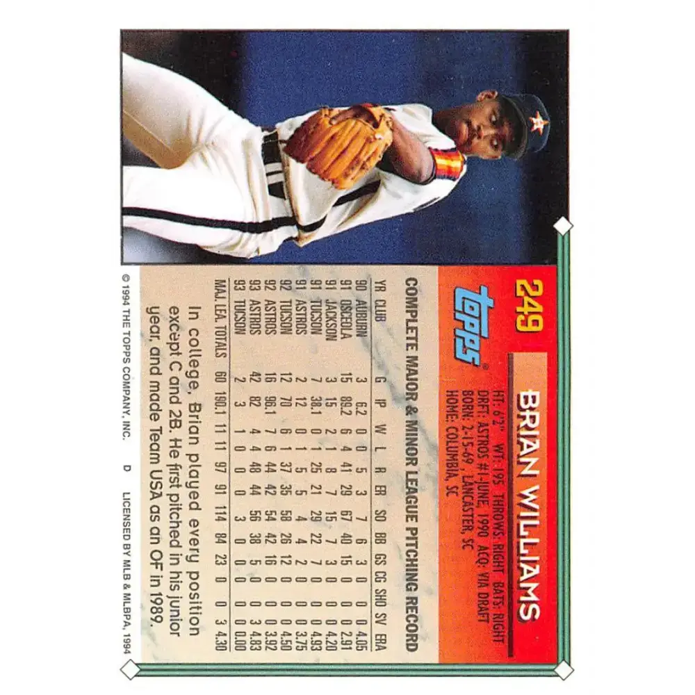 1994 Topps #249 Brian Williams EX Excellent Houston Astros Baseball Card - Baseball Card Single