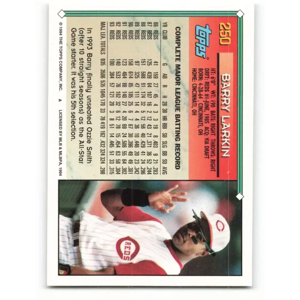 1994 Topps #250 Barry Larkin EX Excellent Cincinnati Reds Baseball Card - Baseball Card Single