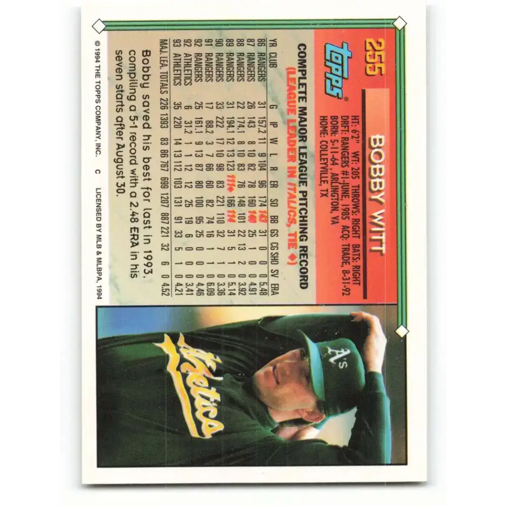 1994 Topps #255 Bobby Witt EX Excellent Oakland Athletics Baseball Card - Baseball Card Single