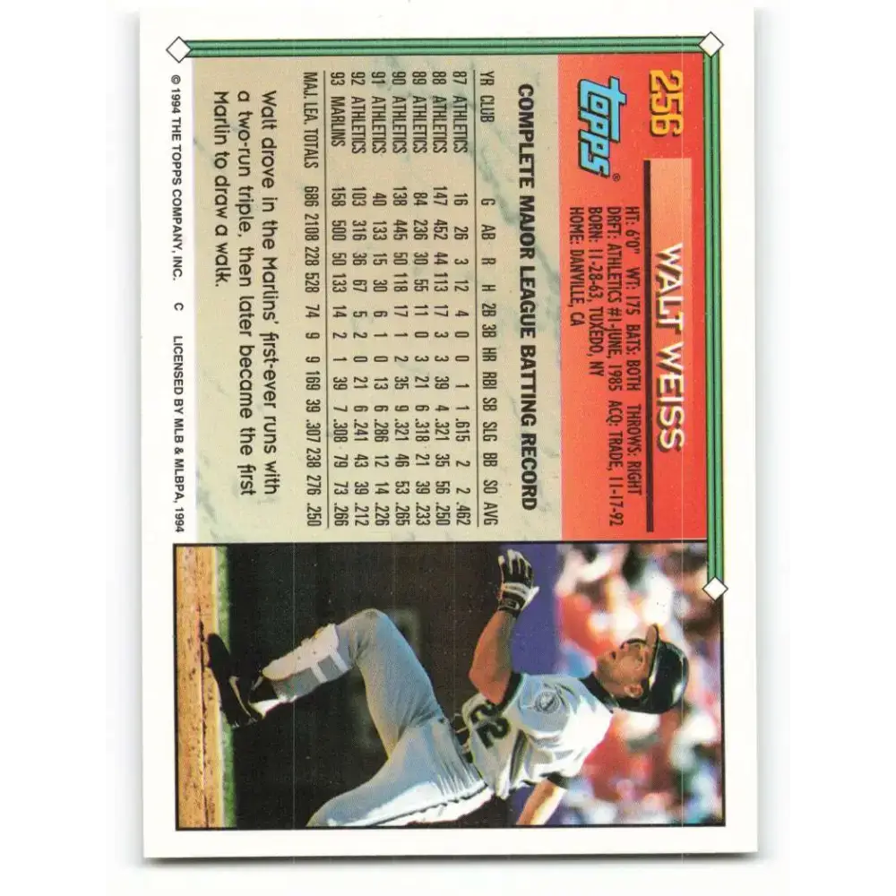 1994 Topps #256 Walt Weiss EX Excellent Florida Marlins Baseball Card - Baseball Card Single