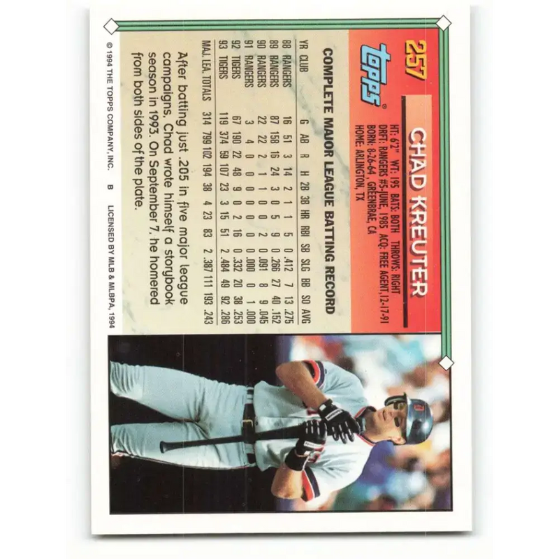 1994 Topps #257 Chad Kreuter EX Excellent Detroit Tigers Baseball Card - Baseball Card Single