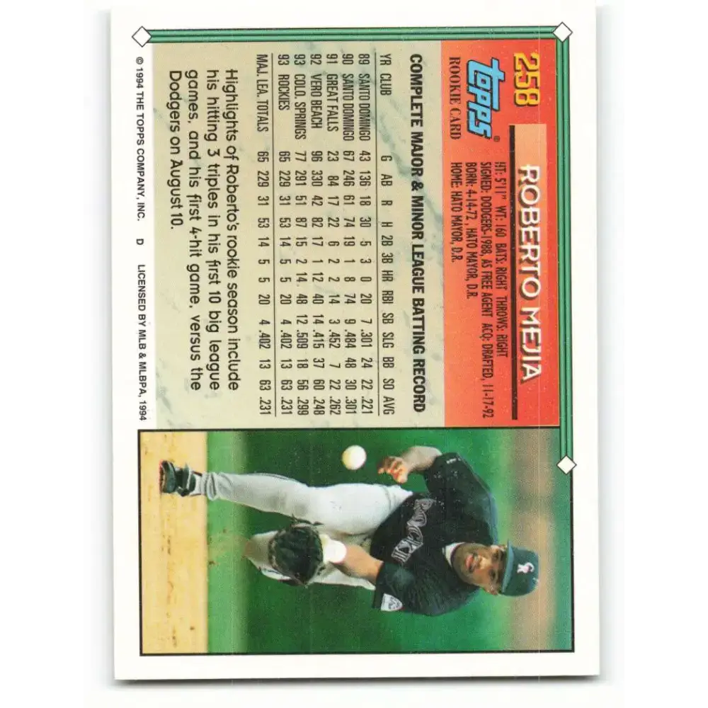 1994 Topps #258 Roberto Mejia EX Excellent Colorado Rockies Baseball Card - Baseball Card Single