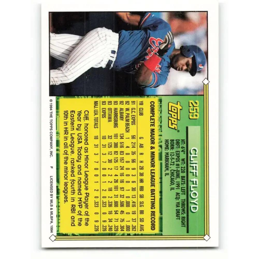 1994 Topps #259 Cliff Floyd EX Excellent Montreal Expos Baseball Card - Baseball Card Single