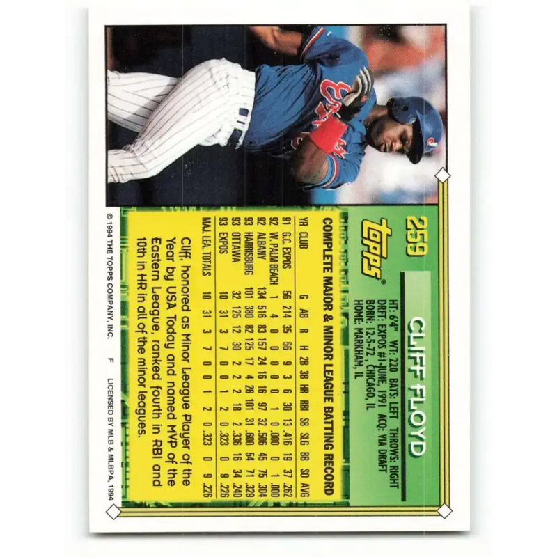 1994 Topps #259 Cliff Floyd EX Excellent Montreal Expos Baseball Card - Baseball Card Single