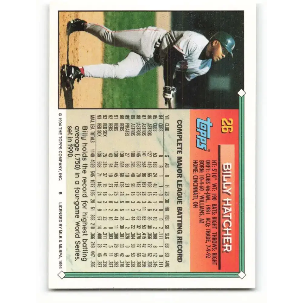 1994 Topps #26 Billy Hatcher EX Excellent Boston Red Sox Baseball Card - Baseball Card Single