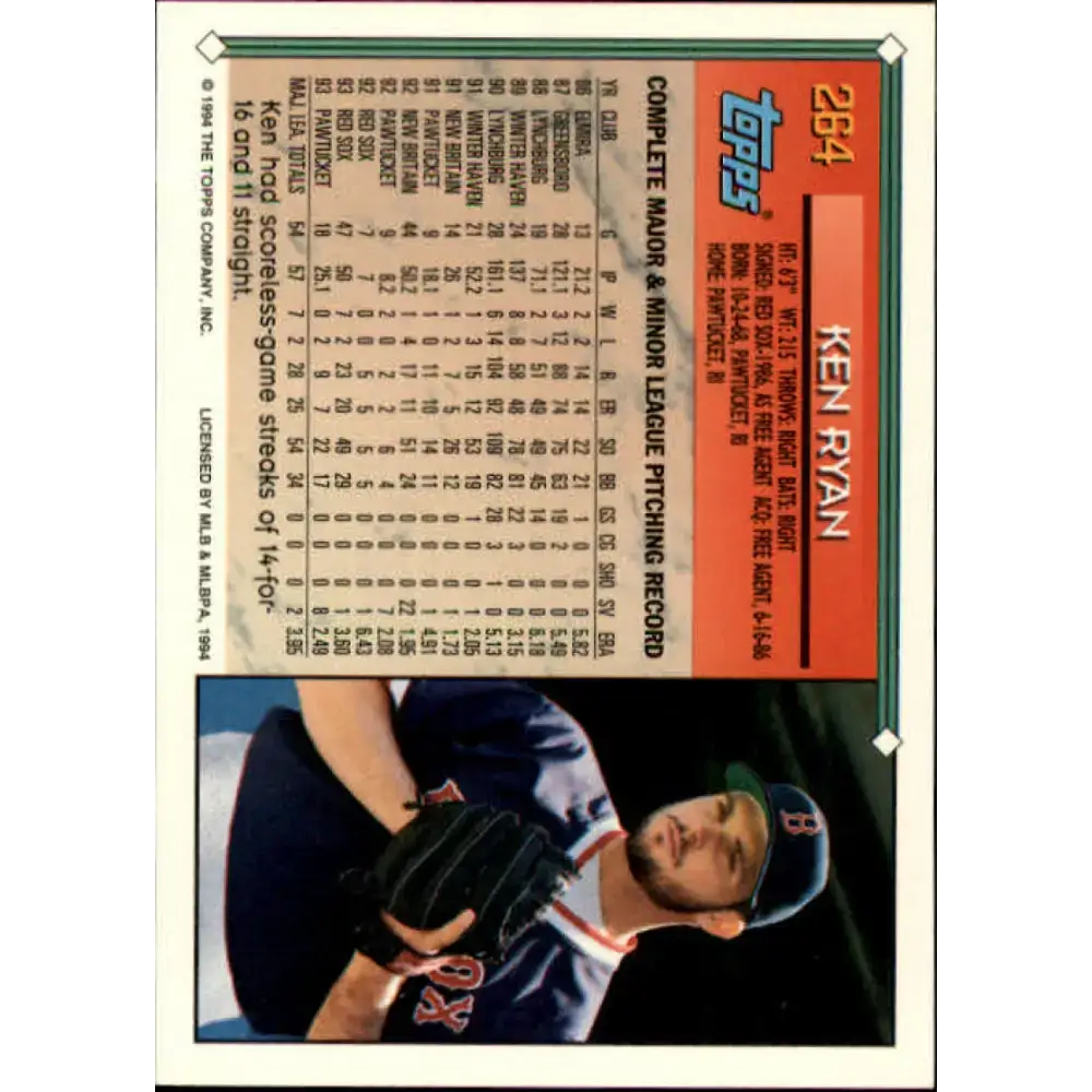 1994 Topps #264 Ken Ryan EX Excellent Boston Red Sox Baseball Card - Baseball Card Single