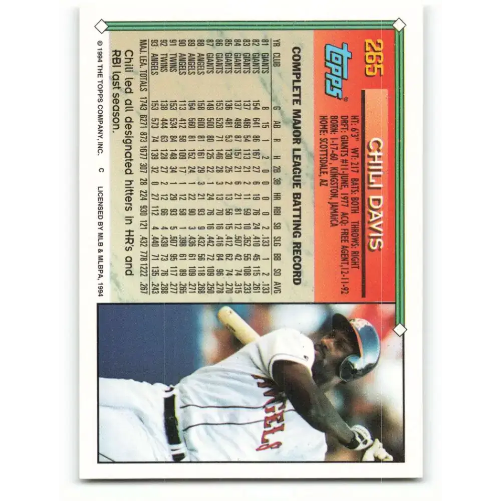 1994 Topps #265 Chili Davis EX Excellent California Angels Baseball Card - Baseball Card Single