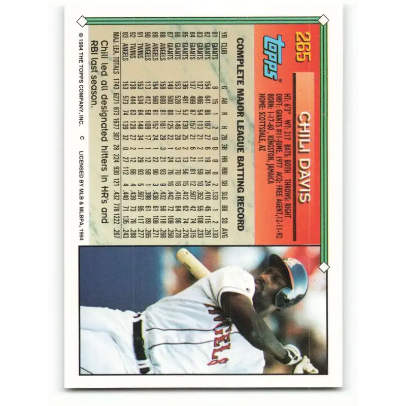 1994 Topps #265 Chili Davis EX Excellent California Angels Baseball Card - Baseball Card Single