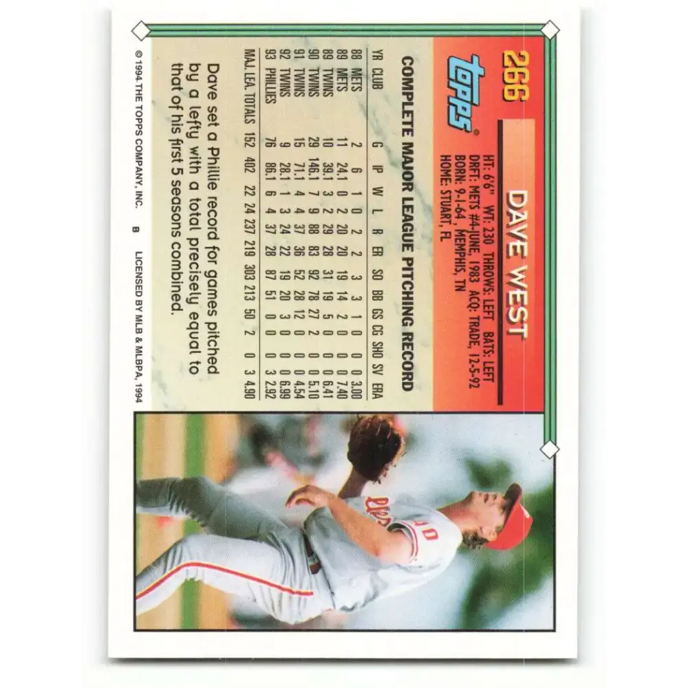 1994 Topps #266 David West EX Excellent Philadelphia Phillies Baseball Card - Baseball Card Single