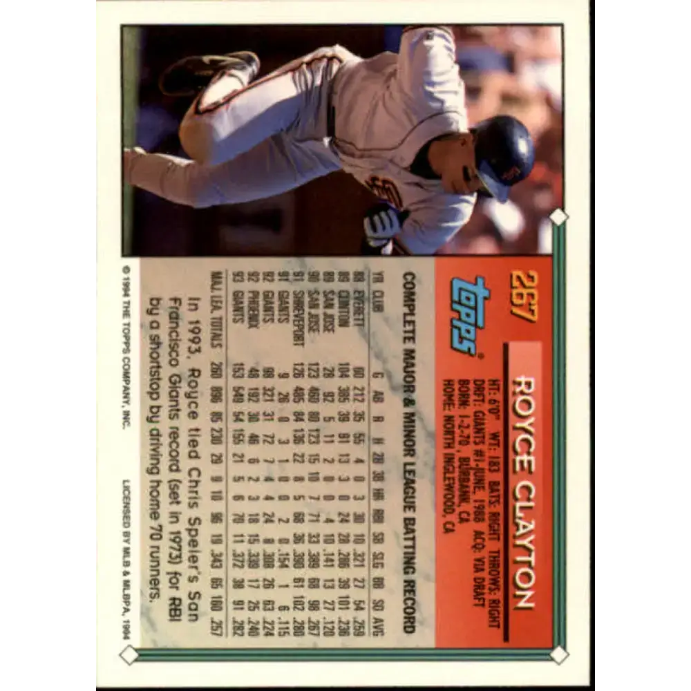 1994 Topps #267 Royce Clayton EX Excellent San Francisco Giants Baseball Card - Baseball Card Single