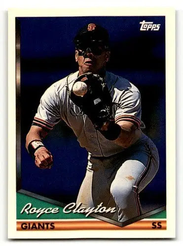 Original gloss 1990 Topps Royce Clayton NRMT baseball card in San Francisco Giants uniform