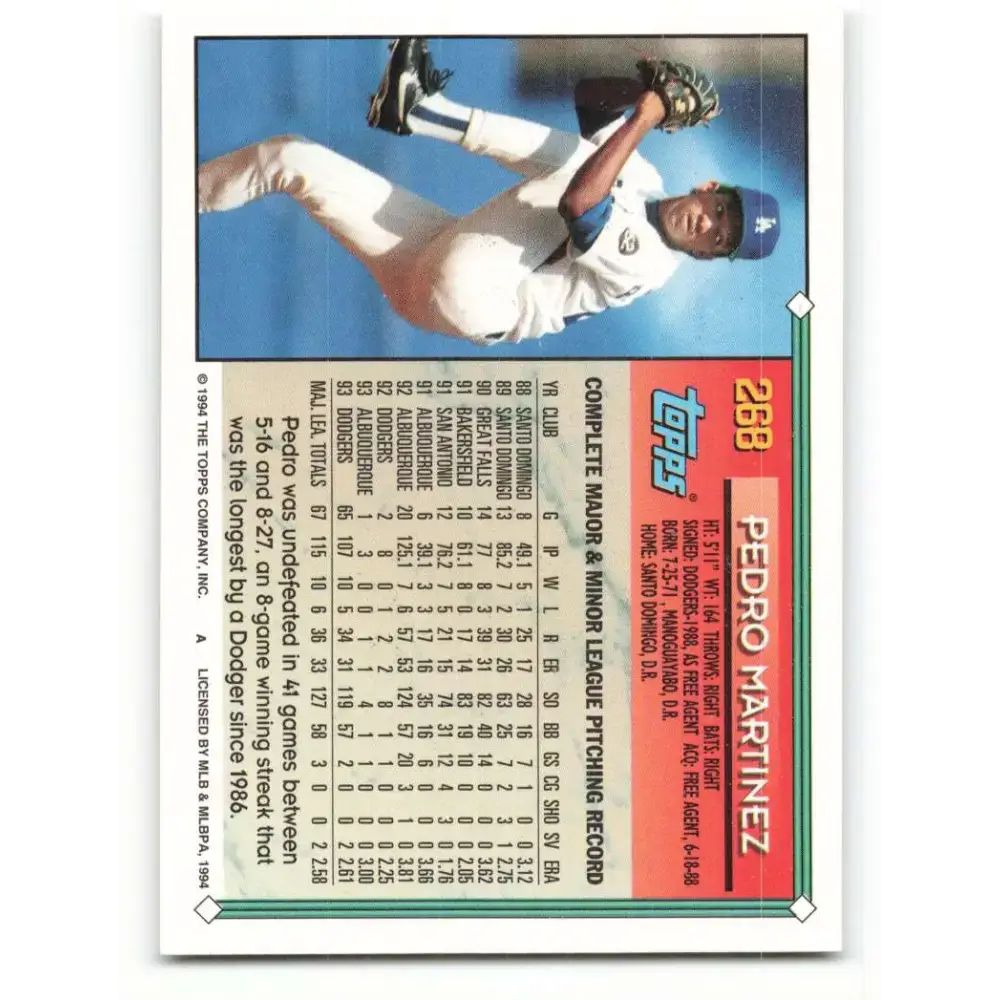 1994 Topps #268 Pedro Martinez EX Excellent Los Angeles Dodgers Baseball Card - Baseball Card Single