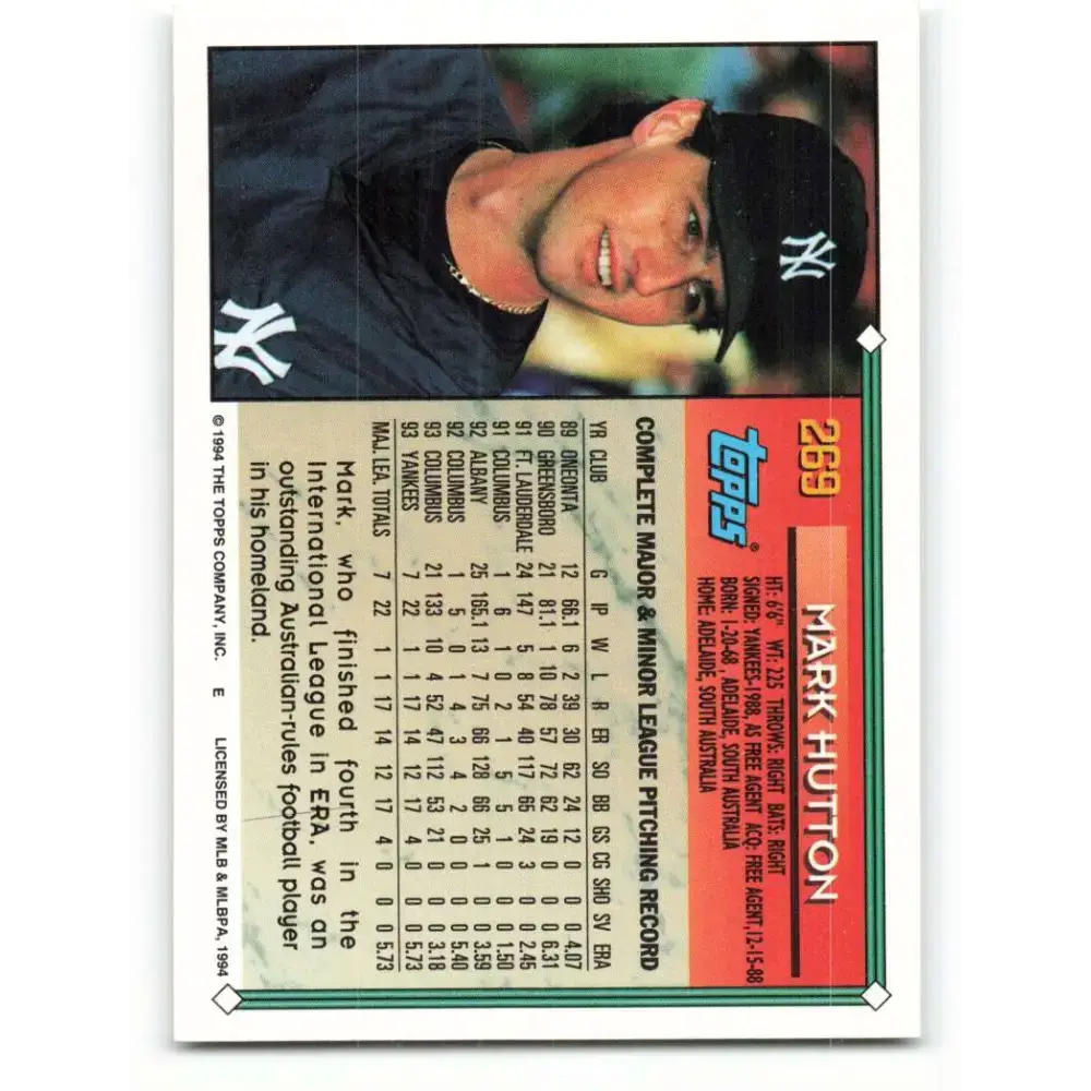 1994 Topps #269 Mark Hutton EX Excellent New York Yankees Baseball Card - Baseball Card Single