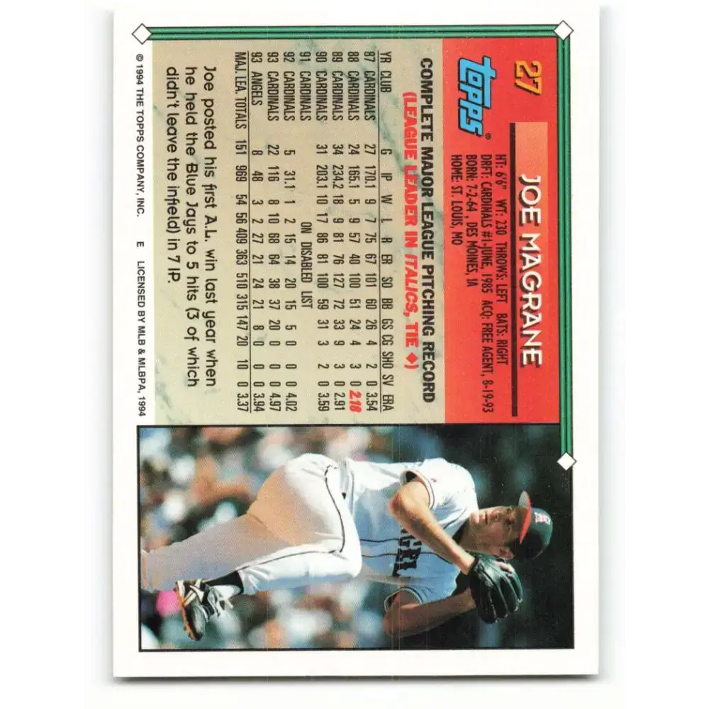 1994 Topps #27 Joe Magrane EX Excellent California Angels Baseball Card - Baseball Card Single