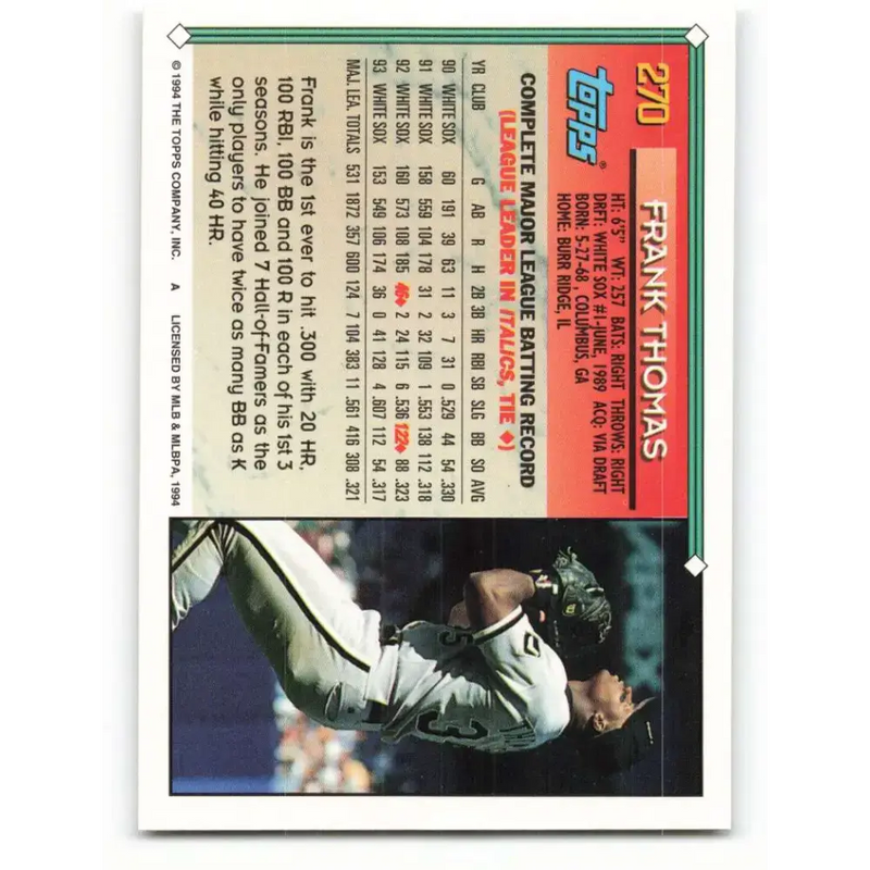 1994 Topps #270 Frank Thomas EX Excellent Chicago White Sox Baseball Card - Baseball Card Single