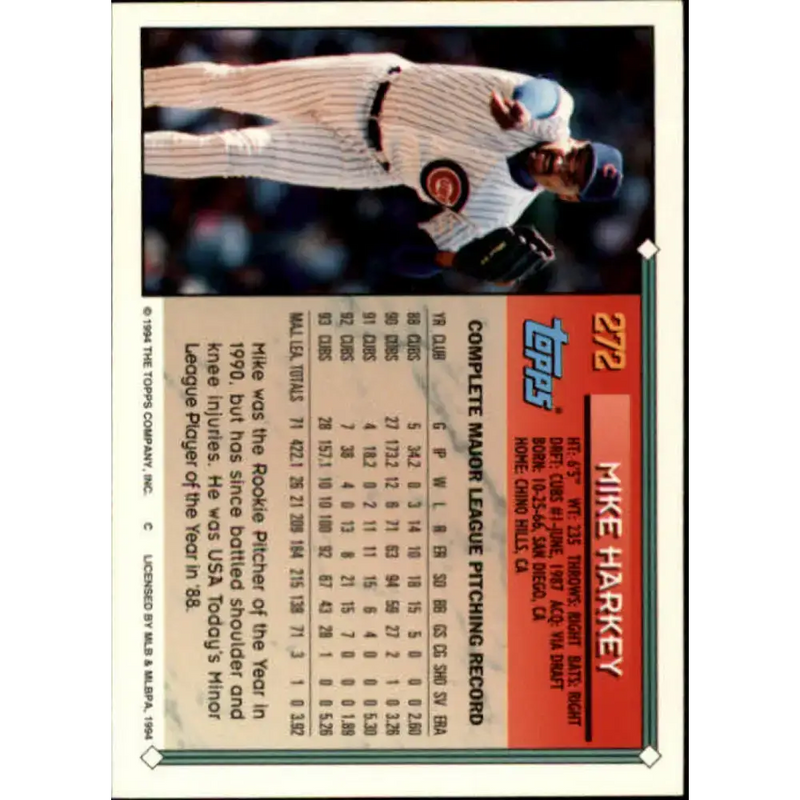 1994 Topps #272 Mike Harkey EX Excellent Chicago Cubs Baseball Card - Baseball Card Single