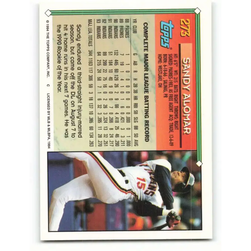 1994 Topps #273 Sandy Alomar Jr. EX Excellent Cleveland Indians Baseball Card