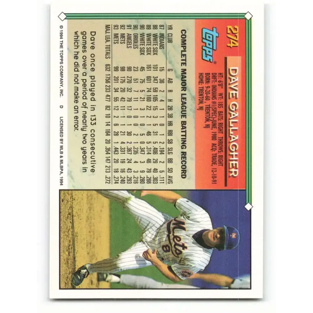 1994 Topps #274 Dave Gallagher EX Excellent New York Mets Baseball Card - Baseball Card Single