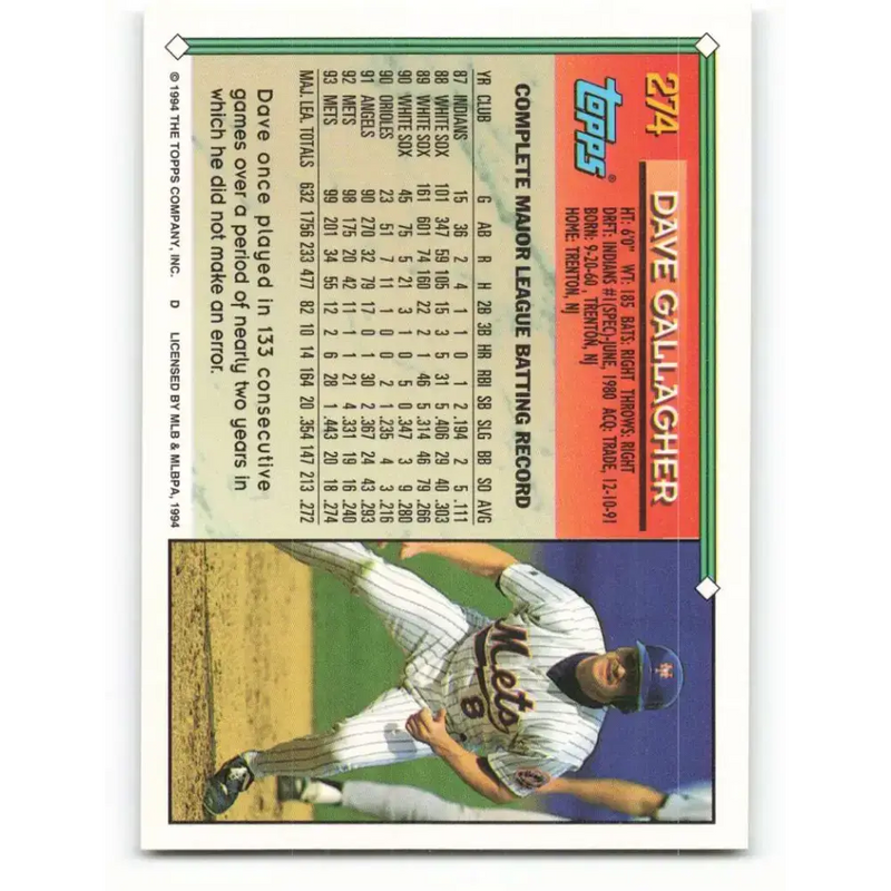 1994 Topps #274 Dave Gallagher EX Excellent New York Mets Baseball Card - Baseball Card Single