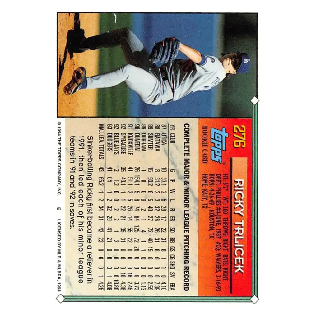 1994 Topps #276 Rick Trlicek EX Excellent Los Angeles Dodgers Baseball Card - Baseball Card Single