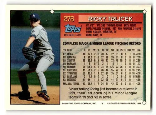 Original gloss 1994 Topps Ricky Trlicek NrMt baseball card featuring Ricky Trlicek pitcher