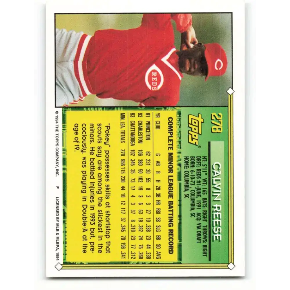 1994 Topps #278 Pokey Reese EX Excellent Cincinnati Reds Baseball Card - Baseball Card Single