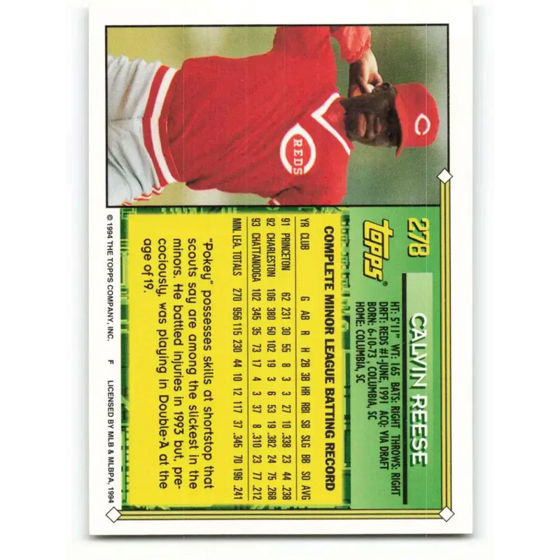 1994 Topps #278 Pokey Reese EX Excellent Cincinnati Reds Baseball Card - Baseball Card Single