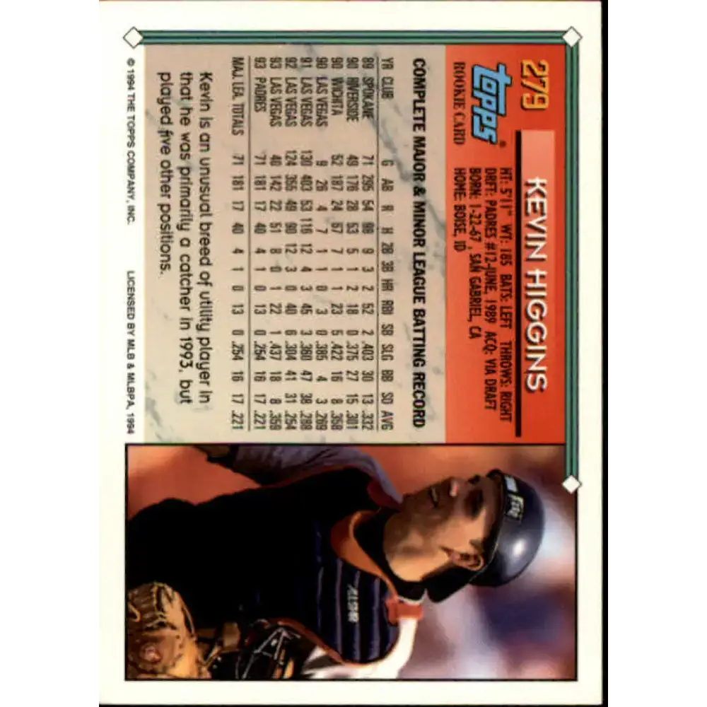 1994 Topps #279 Kevin Higgins EX Excellent San Diego Padres Baseball Card - Baseball Card Single