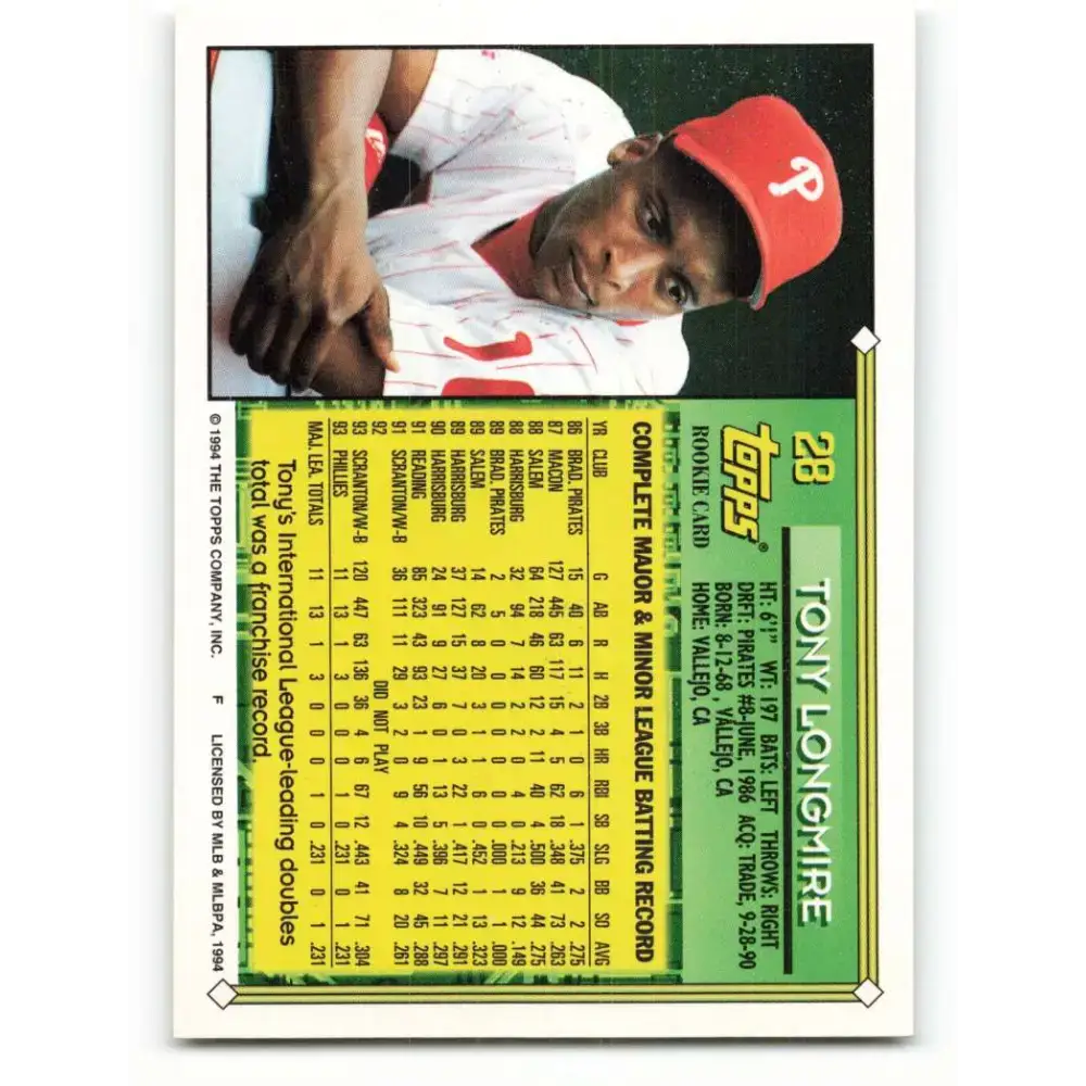 1994 Topps #28 Tony Longmire EX Excellent Philadelphia Phillies Baseball Card - Baseball Card Single