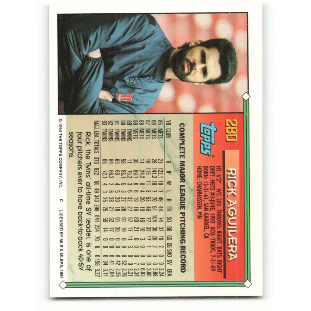 1994 Topps #280 Rick Aguilera EX Excellent Minnesota Twins Baseball Card - Baseball Card Single
