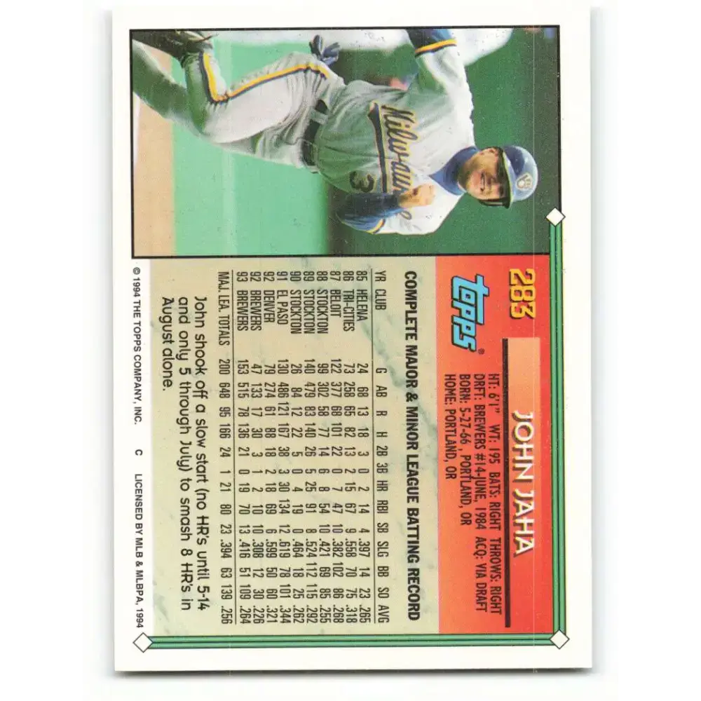 1994 Topps #283 John Jaha EX Excellent Milwaukee Brewers Baseball Card - Baseball Card Single