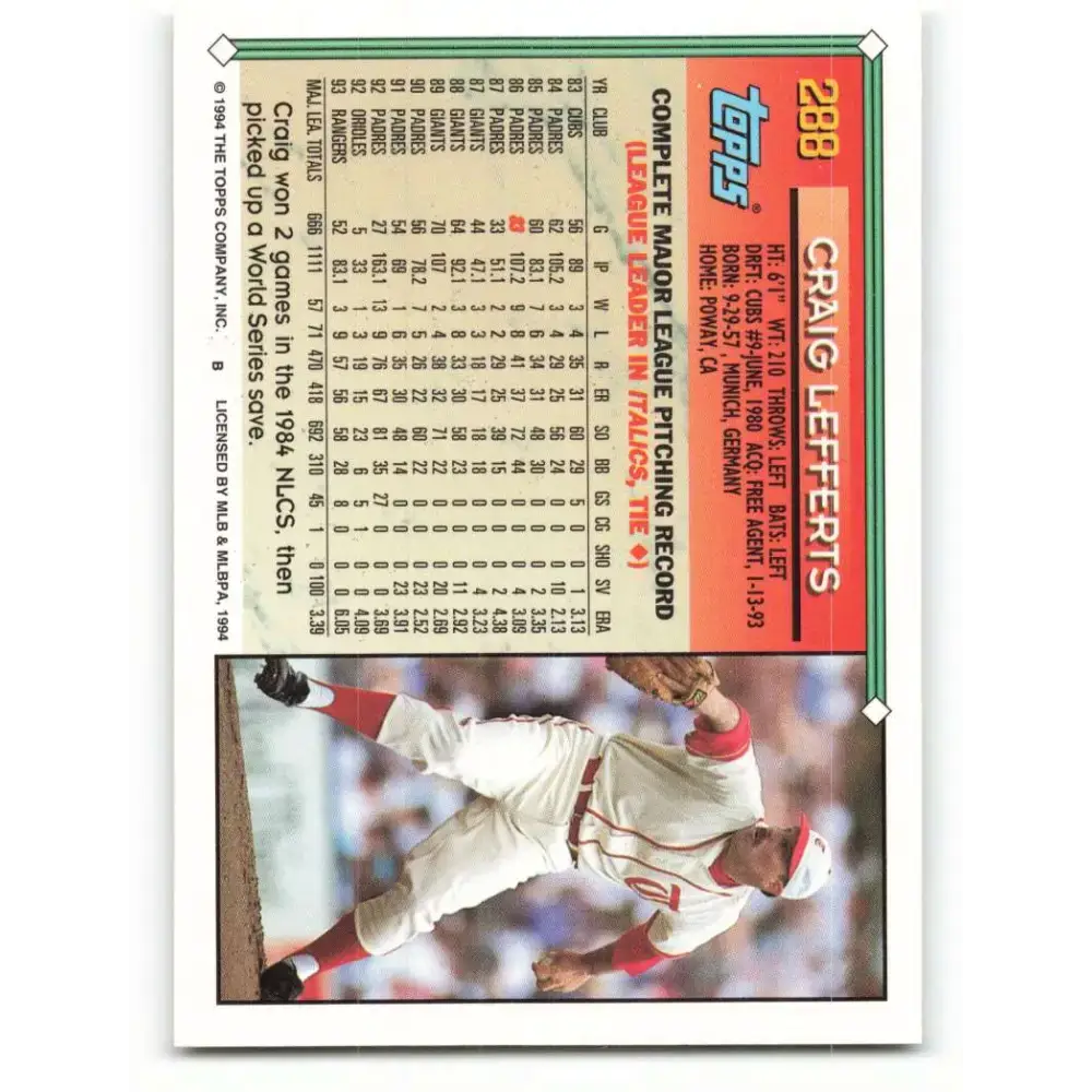 1994 Topps #288 Craig Lefferts EX Excellent Texas Rangers Baseball Card - Baseball Card Single