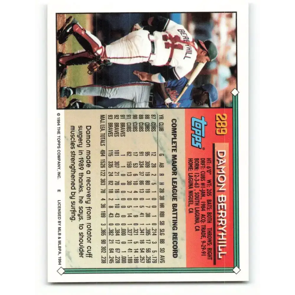 1994 Topps #289 Damon Berryhill EX Excellent Atlanta Braves Baseball Card - Baseball Card Single