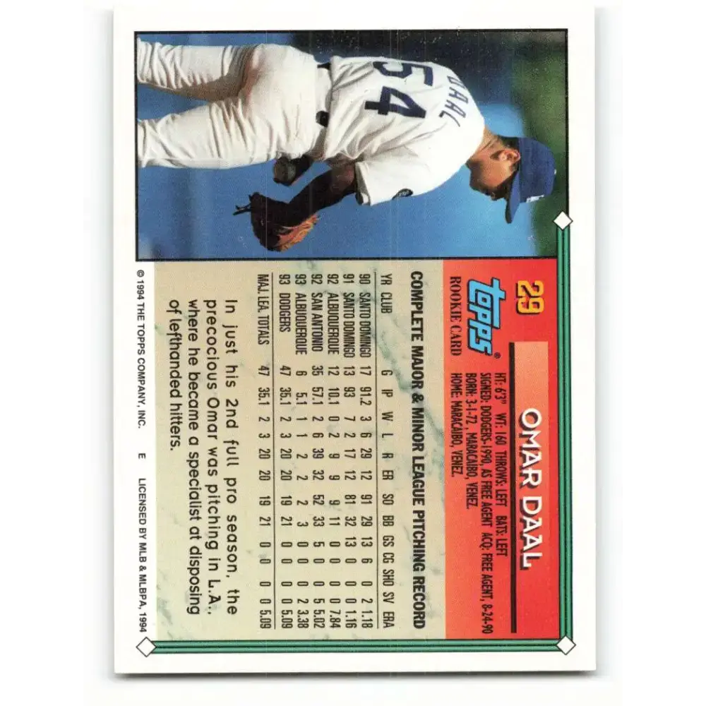 1994 Topps #29 Omar Daal EX Excellent Los Angeles Dodgers Baseball Card - Baseball Card Single