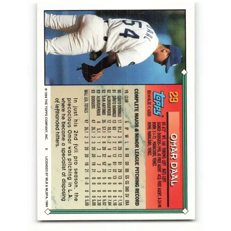 1994 Topps #29 Omar Daal EX Excellent Los Angeles Dodgers Baseball Card - Baseball Card Single