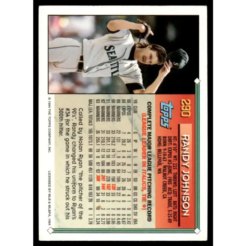 1994 Topps #290 Randy Johnson EX/NM Seattle Mariners Baseball Card - Baseball Card Single