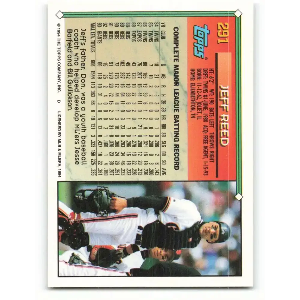 1994 Topps #291 Jeff Reed EX Excellent San Francisco Giants Baseball Card - Baseball Card Single