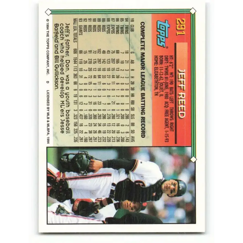 1994 Topps #291 Jeff Reed EX Excellent San Francisco Giants Baseball Card - Baseball Card Single