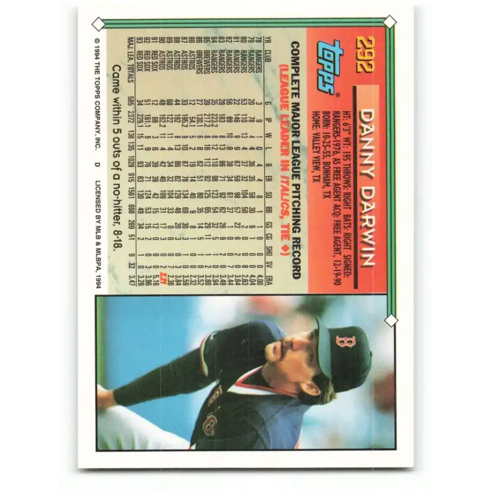 1994 Topps #292 Danny Darwin EX Excellent Boston Red Sox Baseball Card - Baseball Card Single