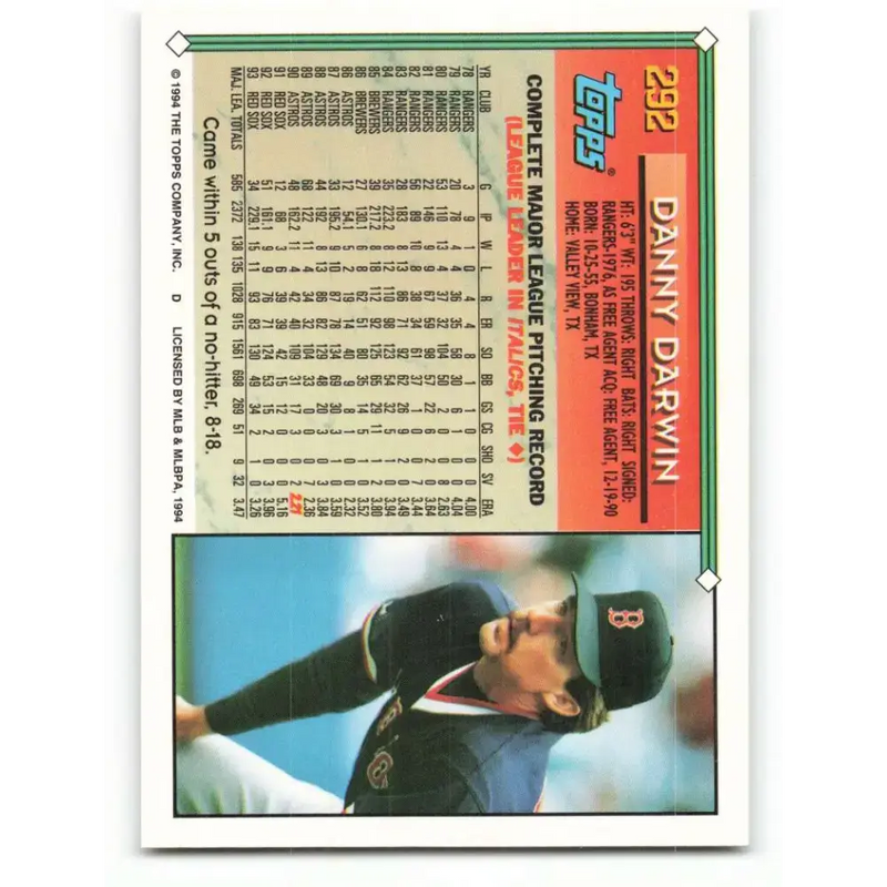 1994 Topps #292 Danny Darwin EX Excellent Boston Red Sox Baseball Card - Baseball Card Single