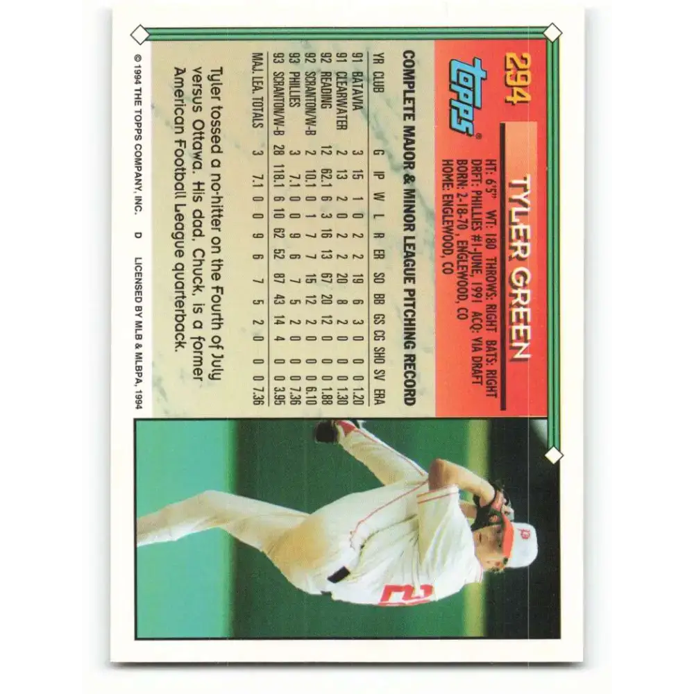 1994 Topps #294 Tyler Green EX Excellent Philadelphia Phillies Baseball Card