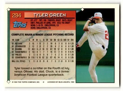 Original gloss 1994 Topps Tyler Green NrMt baseball card featuring pitcher Tyler Green